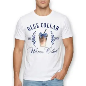 Blue Collar Wives Club Iced Coffee T-Shirt 8 Detailed view of 'Blue Collar Wives Club' logo on white T-shirt.