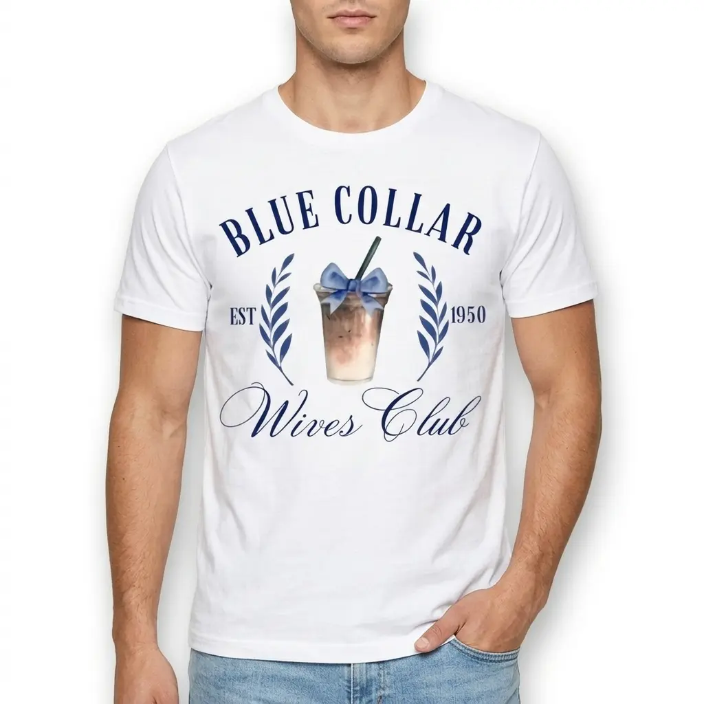 Blue Collar Wives Club Iced Coffee T-Shirt 3 Detailed view of 'Blue Collar Wives Club' logo on white T-shirt.