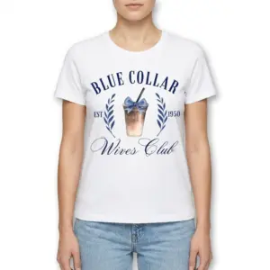 Blue Collar Wives Club Iced Coffee T-Shirt 9 Close-up of iced coffee graphic on 'Blue Collar Wives Club' T-shirt.