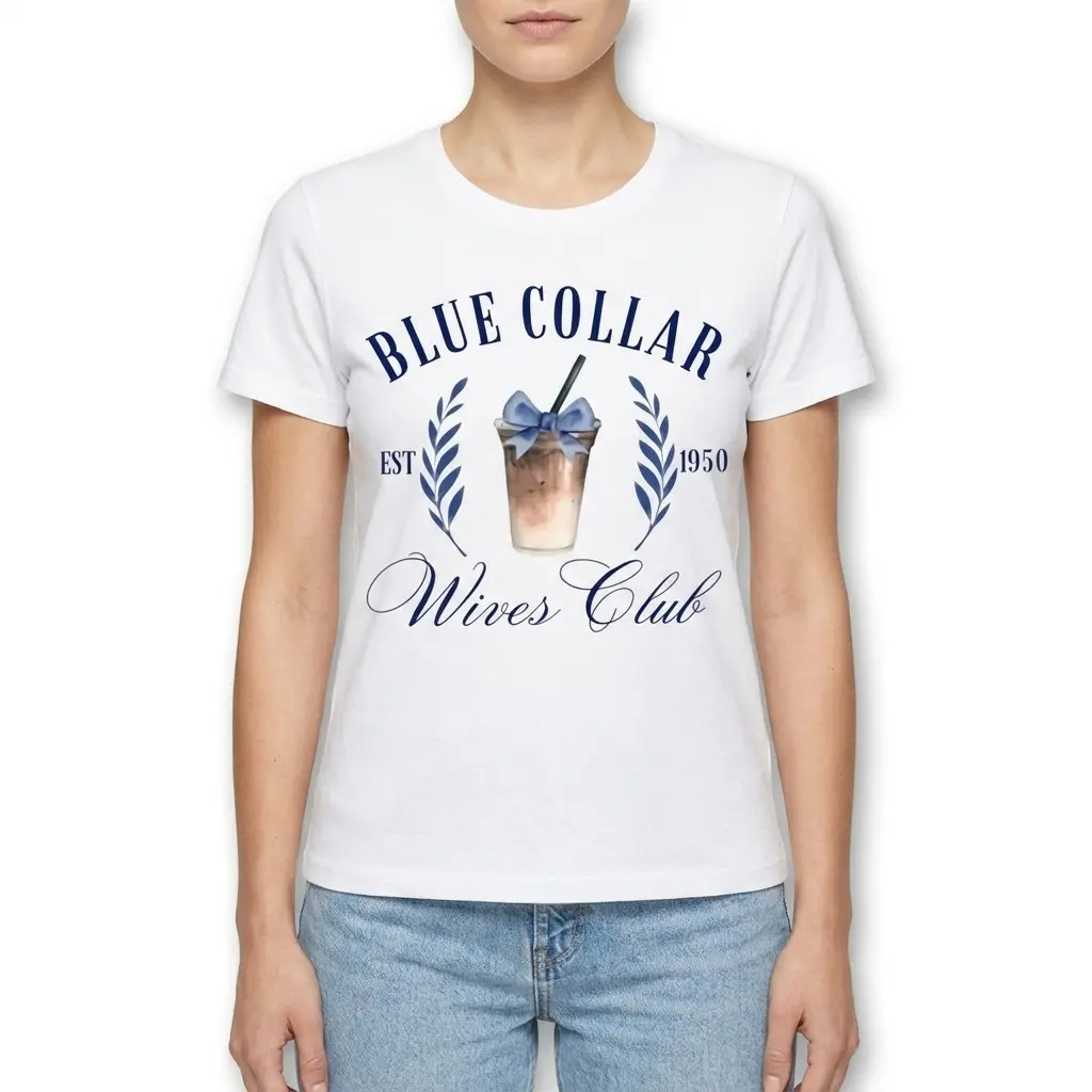 Blue Collar Wives Club Iced Coffee T-Shirt 4 Close-up of iced coffee graphic on 'Blue Collar Wives Club' T-shirt.