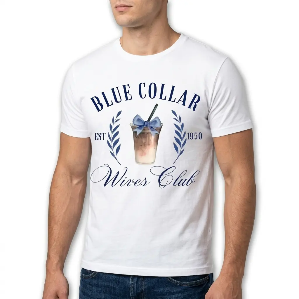 Blue Collar Wives Club Iced Coffee T-Shirt 5 Front view of T-shirt with 'Blue Collar Wives Club' and iced coffee design.