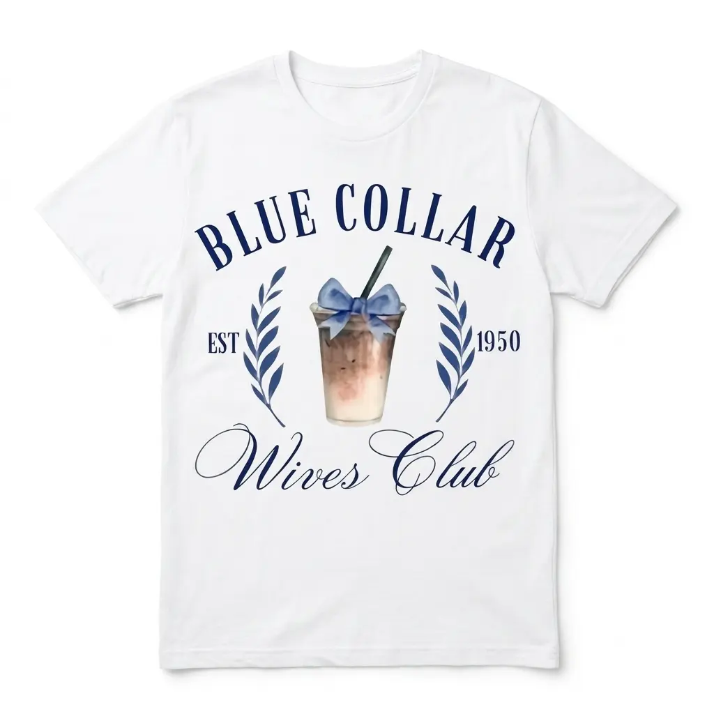 Blue Collar Wives Club Iced Coffee T-Shirt 1 White T-shirt with 'Blue Collar Wives Club' design featuring iced coffee graphic.