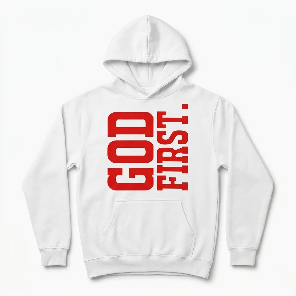 Bold God First Christian Graphic T-Shirt 2 Close-up view of the 'GOD FIRST.' graphic on a white t-shirt.