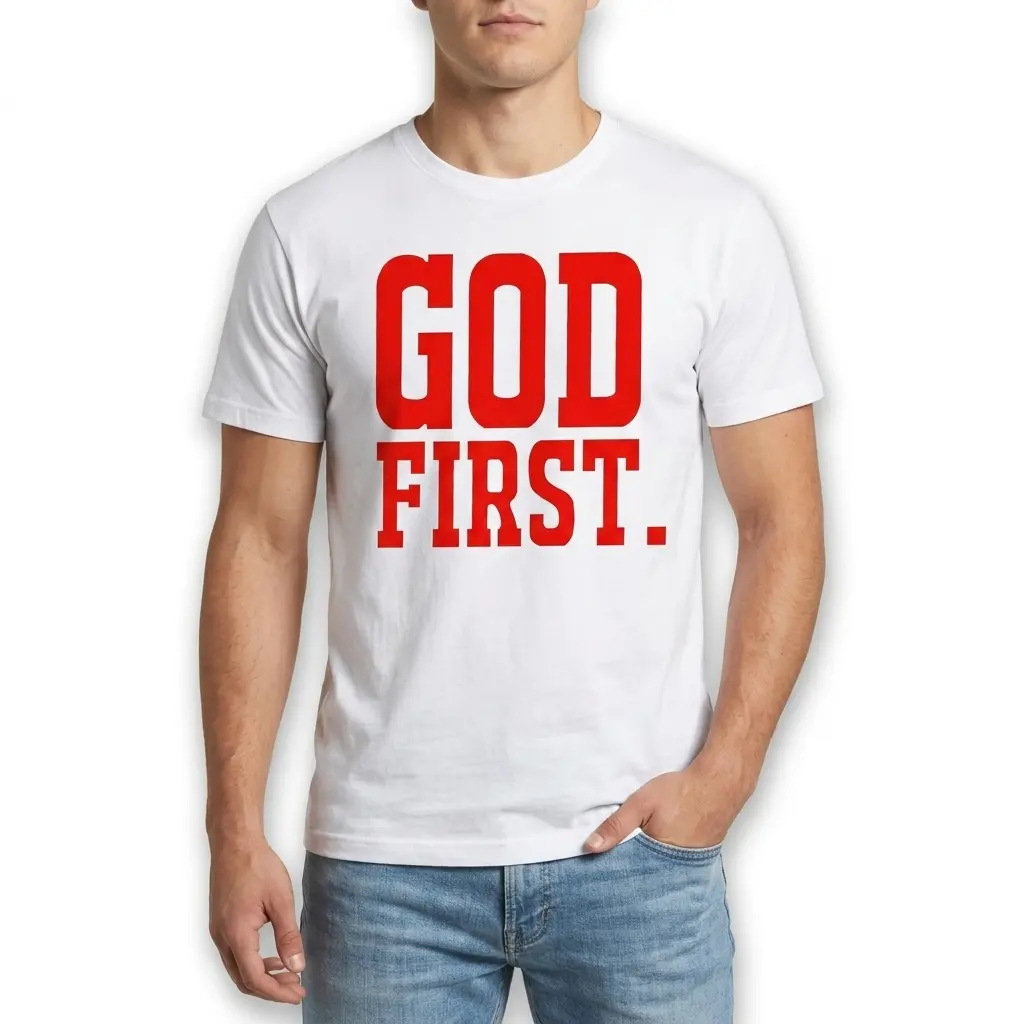 Bold God First Christian Graphic T-Shirt 3 Front view of a white t-shirt showcasing the red 'GOD FIRST.' text.