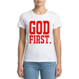 Bold God First Christian Graphic T-Shirt 9 Flat lay of a white t-shirt with bold red lettering saying 'GOD FIRST.'.