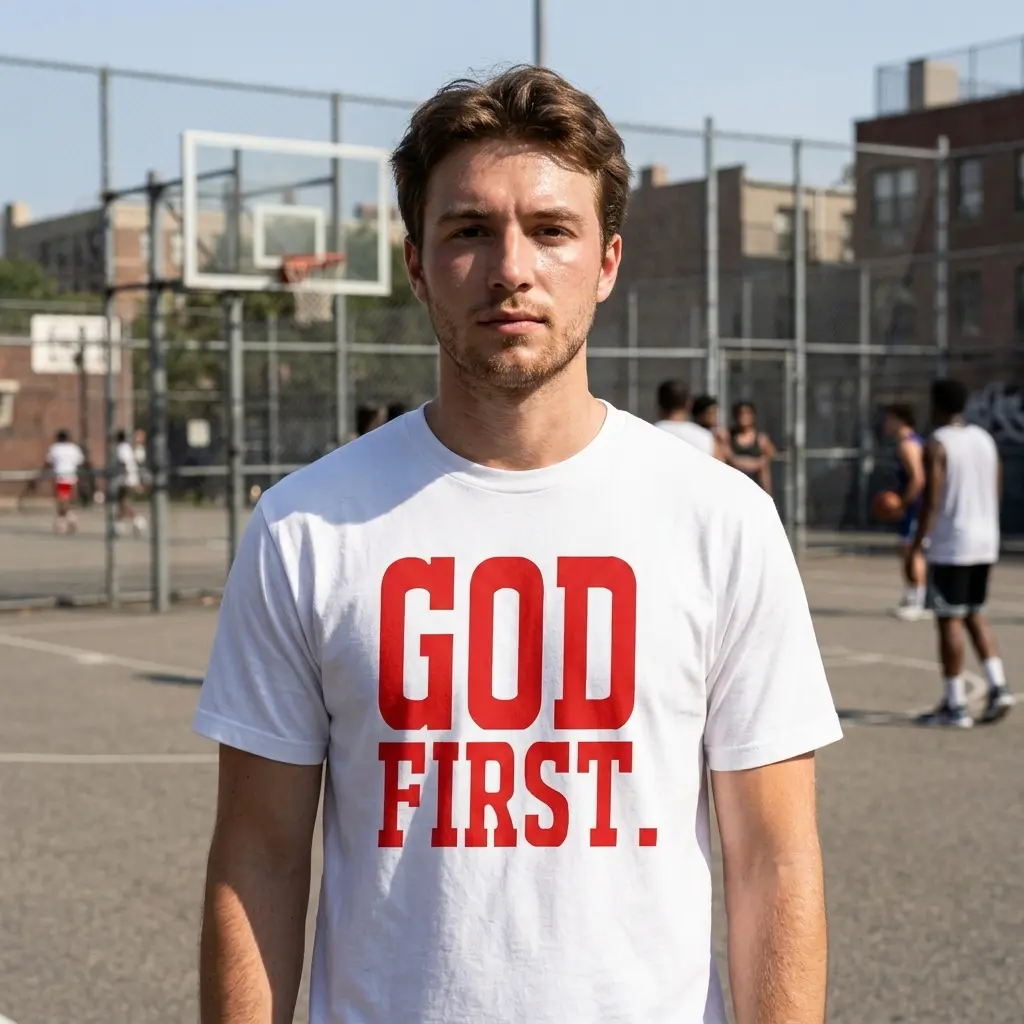 Bold God First Christian Graphic T-Shirt 6 Model wearing a white t-shirt with 'GOD FIRST.' printed in red, standing outdoors.