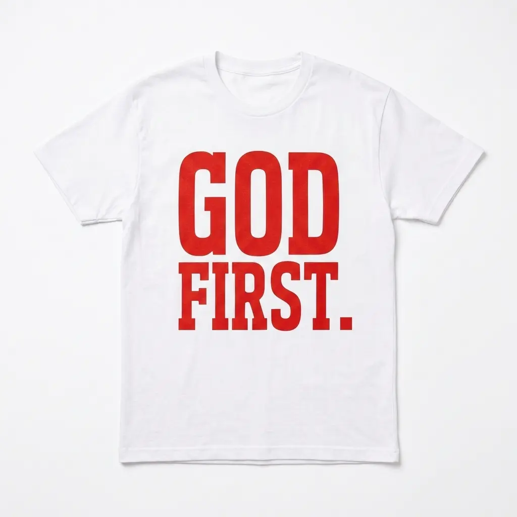 Bold God First Christian Graphic T-Shirt 1 Bold white t-shirt featuring the phrase 'GOD FIRST.' in large red letters.