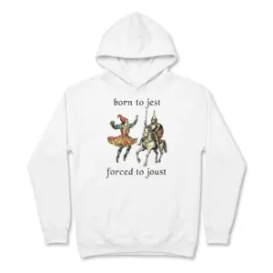 Born to Jest Forced to Joust Funny Medieval T-Shirt 7 Front view of the humorous medieval t-shirt with "born to jest" above a jester and "forced to joust" below a knight on a horse.