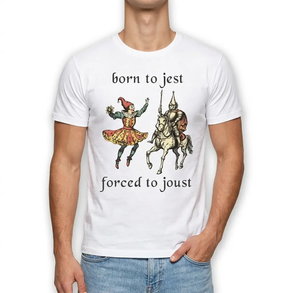 Born to Jest Forced to Joust Funny Medieval T-Shirt 3 White humor shirt with a medieval jester and knight, illustrating the "Born to Jest Forced to Joust" phrase.