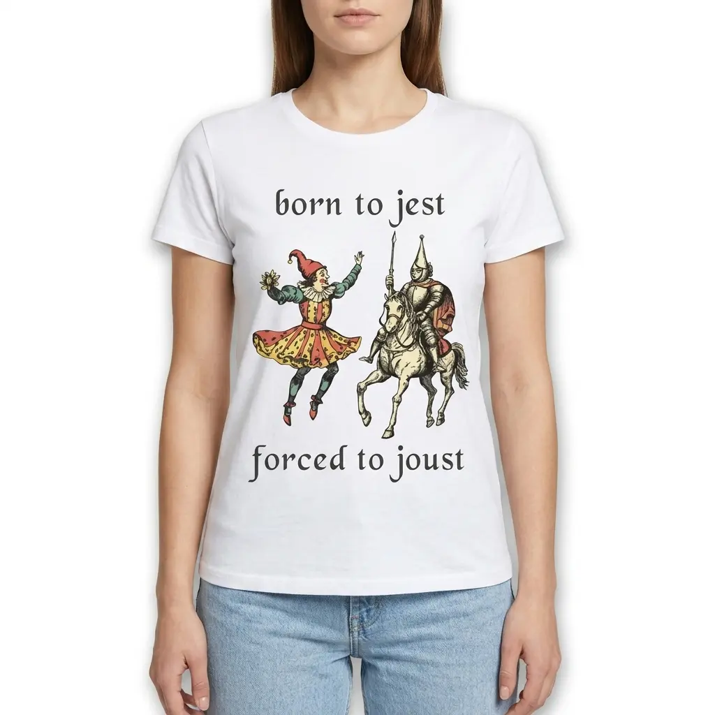 Born to Jest Forced to Joust Funny Medieval T-Shirt 4 Front of a white t-shirt depicting a colorful jester and a knight in armor on a horse, separated by text.