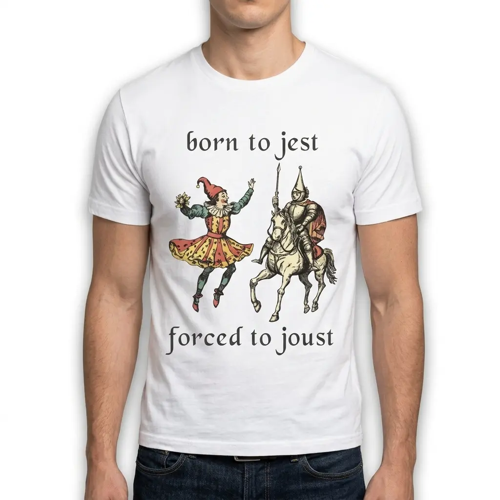Born to Jest Forced to Joust Funny Medieval T-Shirt 5 White "Born to Jest Forced to Joust" graphic tee, ideal for fans of medieval humor and memes, front view.
