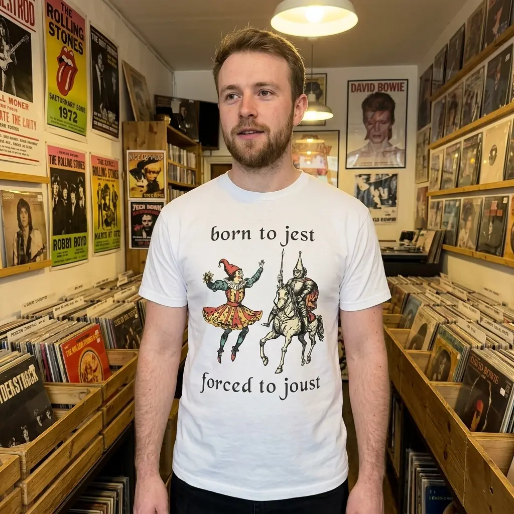 Born to Jest Forced to Joust Funny Medieval T-Shirt 6 White short-sleeve t-shirt with a humorous medieval jester and knight graphic for casual everyday style.