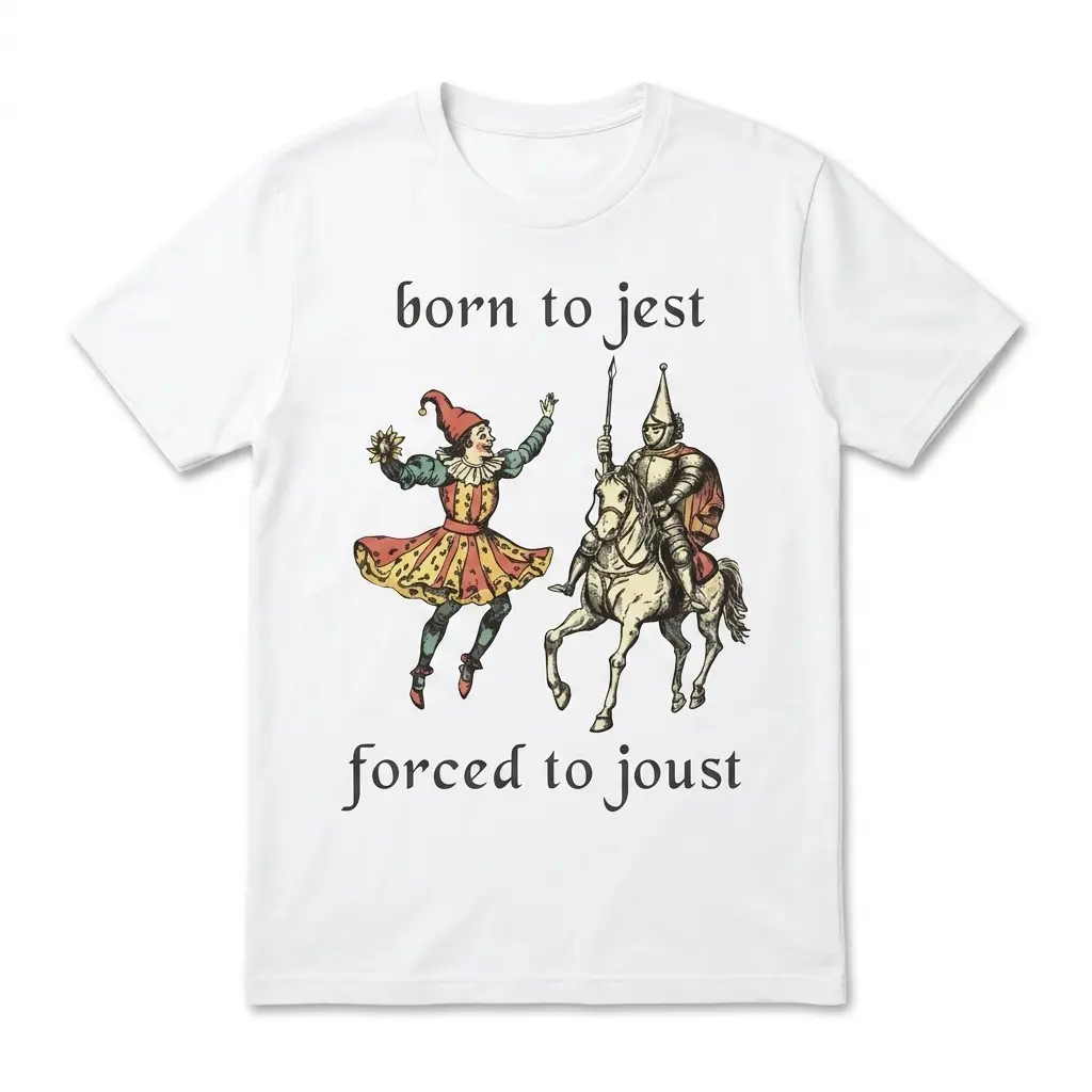 Born to Jest Forced to Joust Funny Medieval T-Shirt 1 White "Born to Jest Forced to Joust" t-shirt featuring a dancing jester and a knight on horseback with a lance.