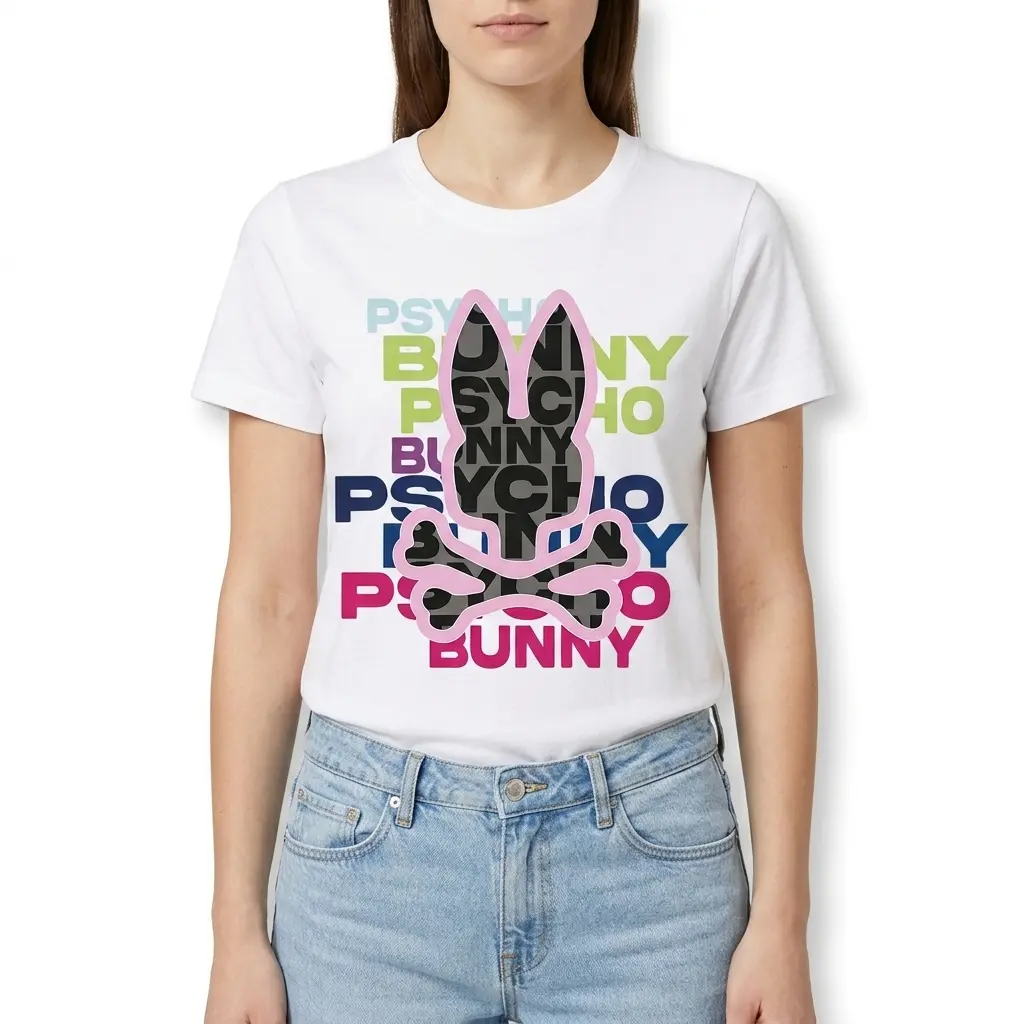 Bunny Skull Streetwear Graphic T-Shirt 4 Detailed view of colorful text and bunny skull design on t-shirt.