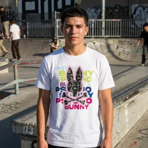 Bunny Skull Streetwear Graphic T-Shirt 11 Person wearing a bunny skull graphic t-shirt with stylish outfit.