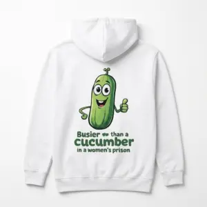 Busier Than A Cucumber Funny Adult T-Shirt 7 Back view of t-shirt featuring a funny cucumber design.