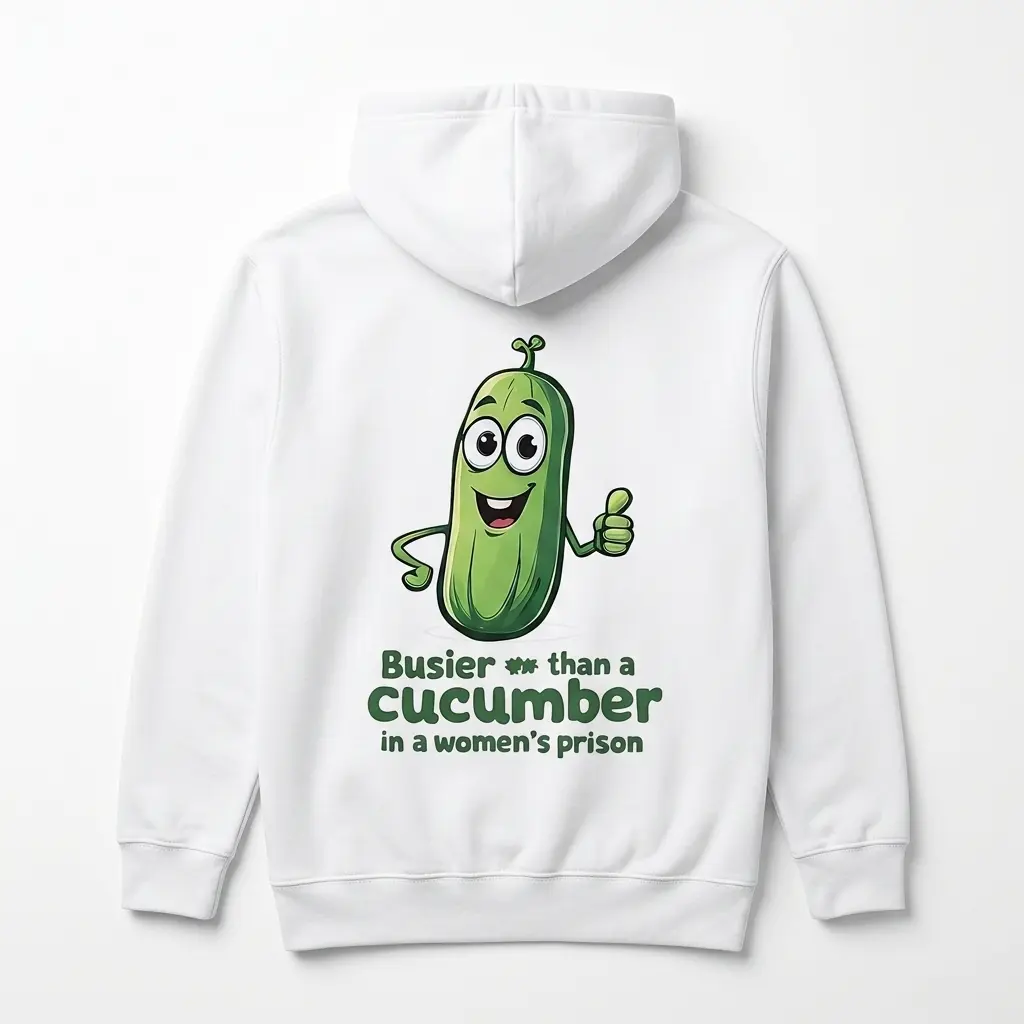 Busier Than A Cucumber Funny Adult T-Shirt 2 Back view of t-shirt featuring a funny cucumber design.