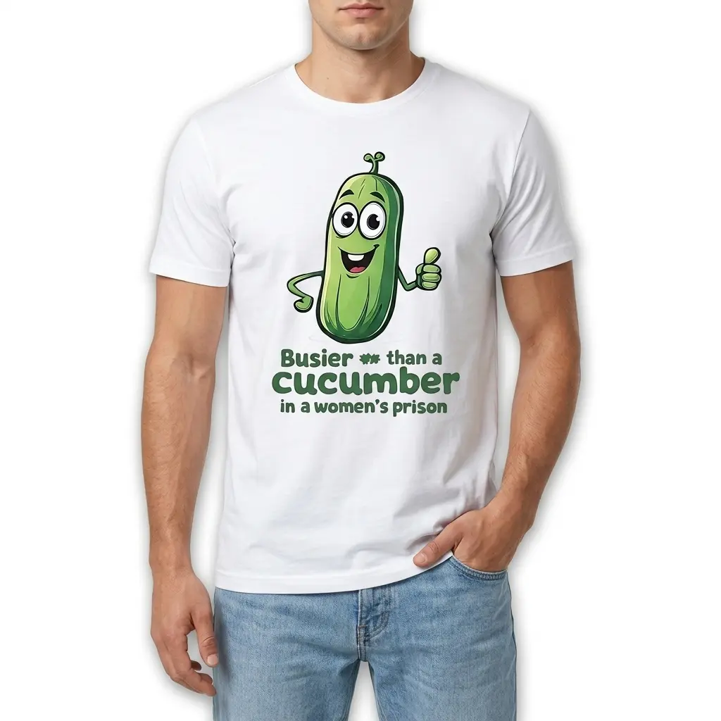 Busier Than A Cucumber Funny Adult T-Shirt 3 Cartoon cucumber with smile and thumbs up on t-shirt.