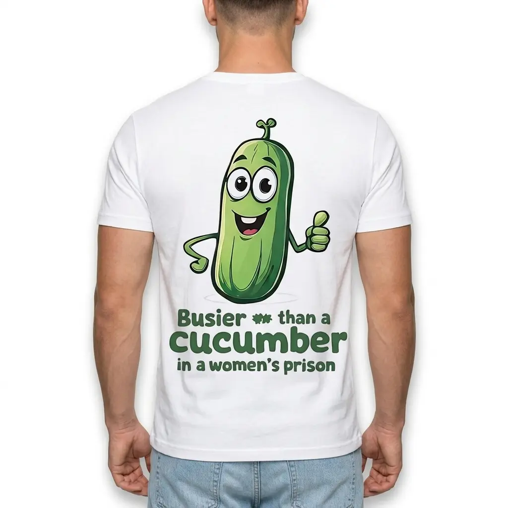 Busier Than A Cucumber Funny Adult T-Shirt 5 Cucumber character with witty slogan on shirt.