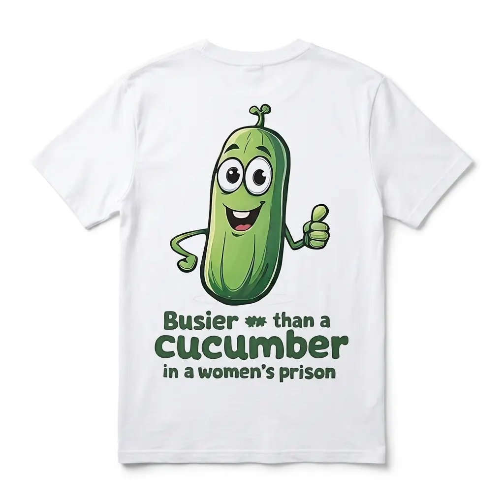 Busier Than A Cucumber Funny Adult T-Shirt 1 White t-shirt with a cartoon cucumber and humorous text.