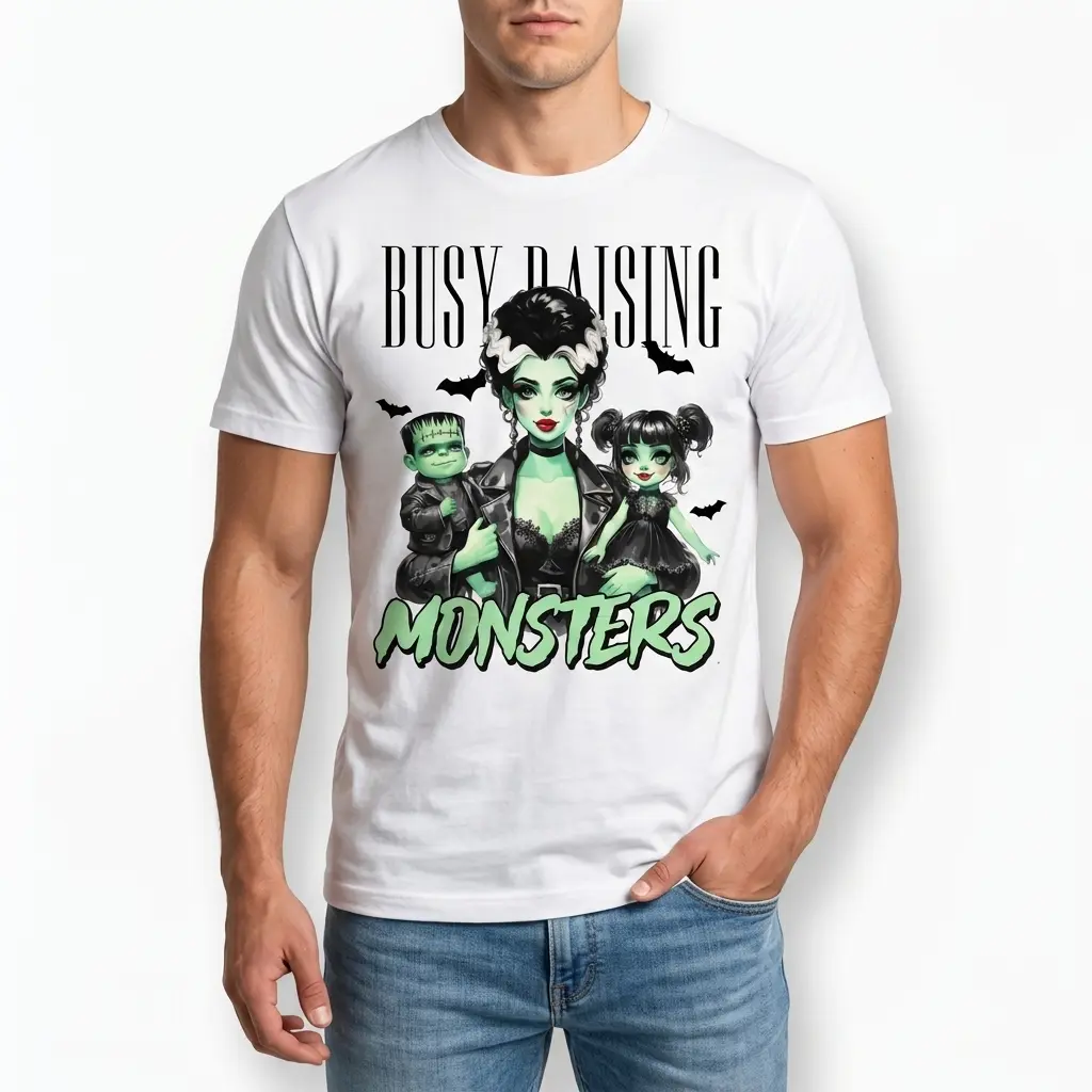 White t-shirt displaying the "Busy Raising Monsters" graphic, featuring a spooky green-skinned mother, son, and daughter.