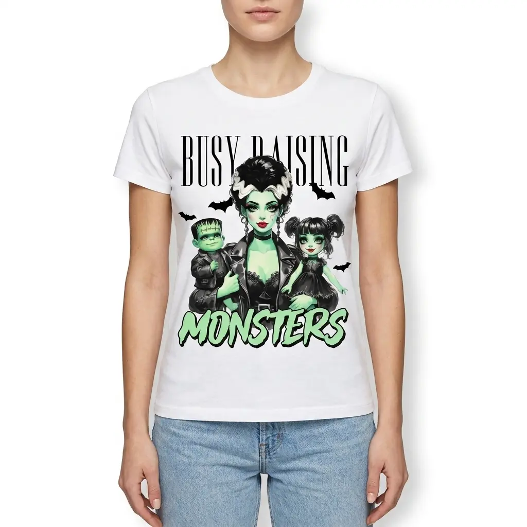 Stylish white t-shirt with a unique Halloween design: a monster mom and two kids with "Busy Raising Monsters" text.