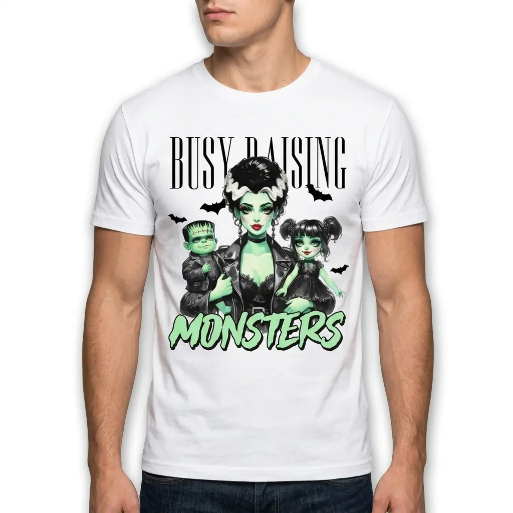 White "Busy Raising Monsters Shirt" for moms, featuring a green-skinned family illustration with Frankenstein elements.