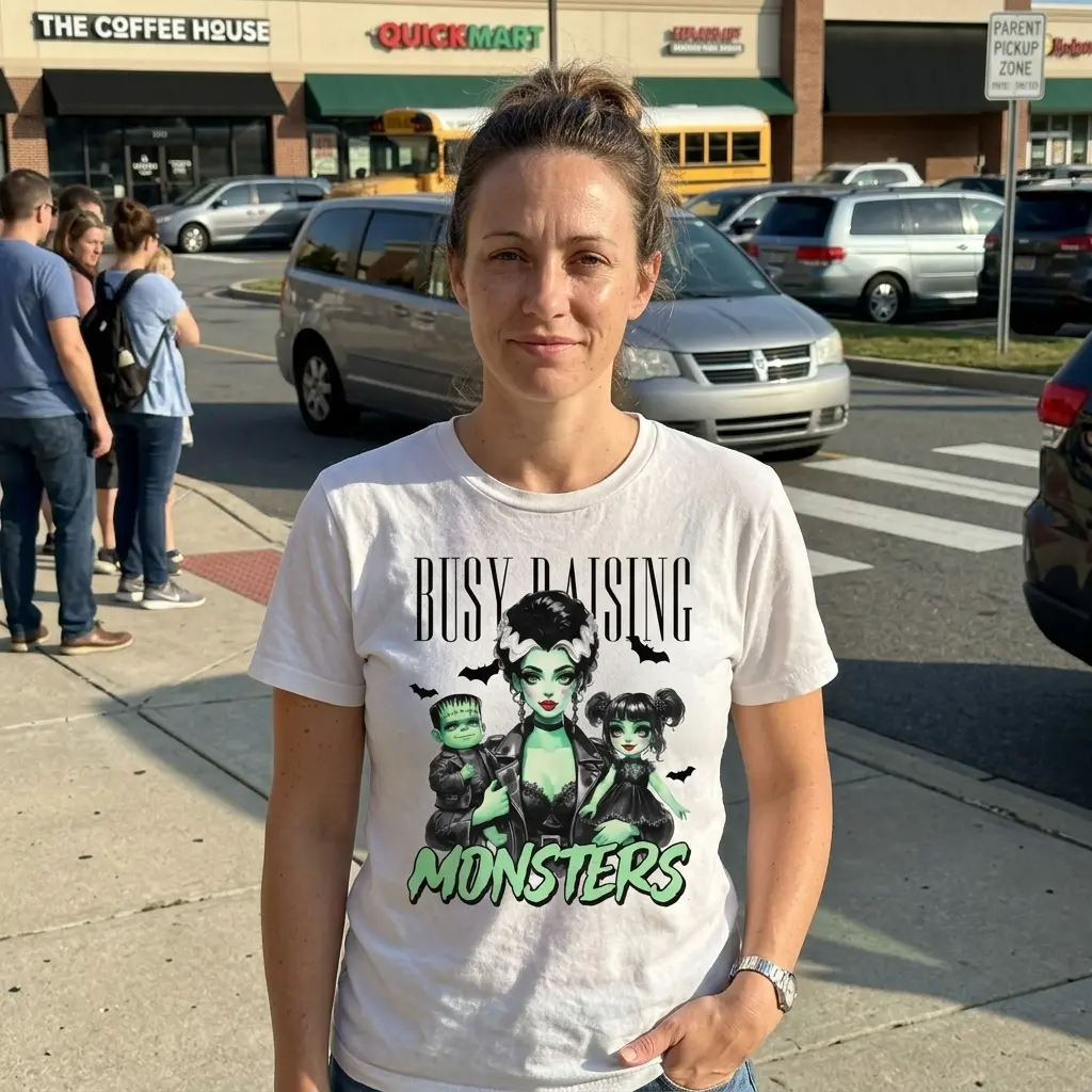 Halloween Mom T-Shirt in white, featuring the "Busy Raising Monsters" design with a green-skinned mother and two children.