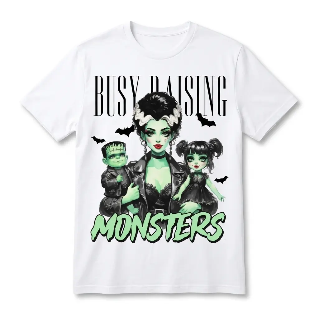 White "Busy Raising Monsters" t-shirt with a green-skinned mom, monster boy, and girl design, featuring black bats.