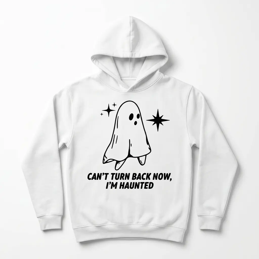 Can't Turn Back Now I'm Haunted Ghost T-Shirt 2 Front view of a Halloween T-shirt featuring a ghost and playful text.