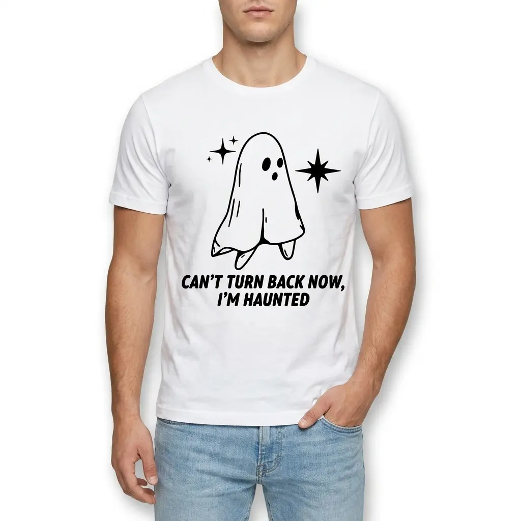 Can't Turn Back Now I'm Haunted Ghost T-Shirt 3 Close-up of a ghost design on a white T-shirt with Halloween theme.