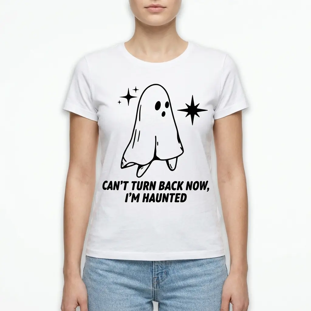 Can't Turn Back Now I'm Haunted Ghost T-Shirt 4 Graphic ghost and spooky text on a casual Halloween T-shirt.