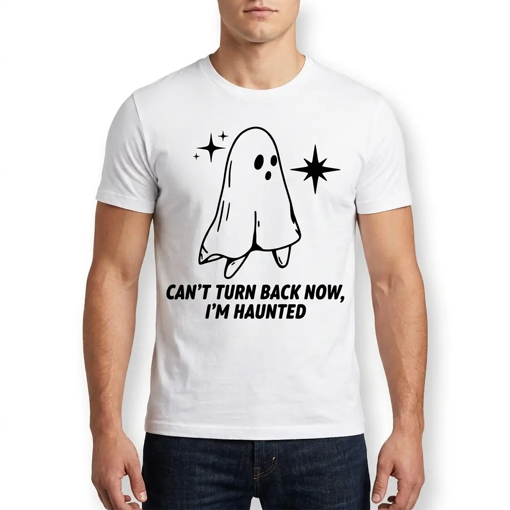 Can't Turn Back Now I'm Haunted Ghost T-Shirt 5 Black and white ghost illustration with humorous haunted message.