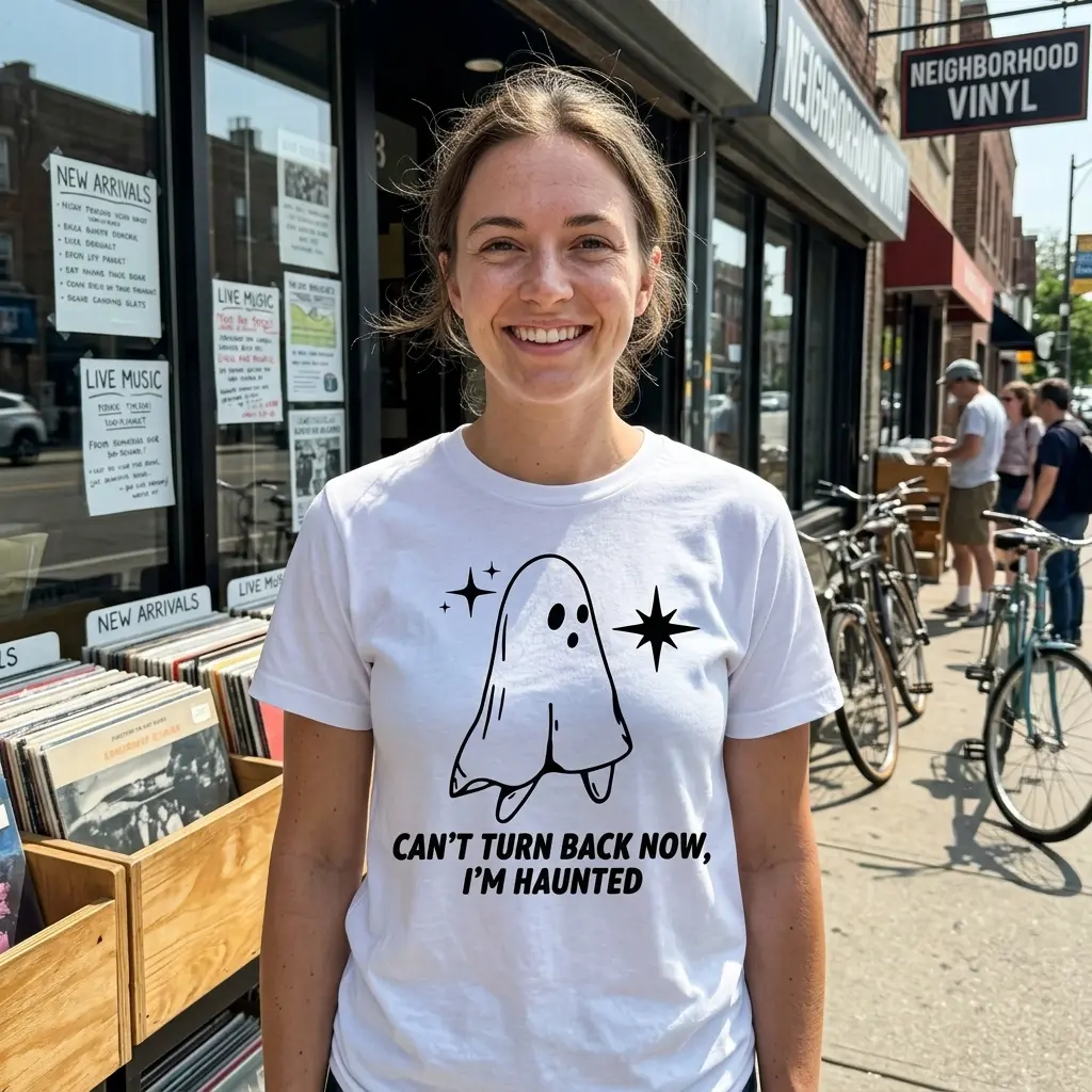 Can't Turn Back Now I'm Haunted Ghost T-Shirt 6 Ghost themed T-shirt worn casually in a lifestyle setting.