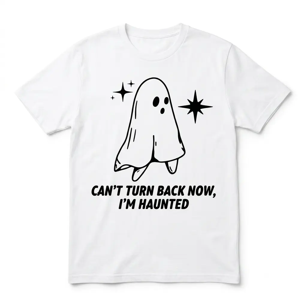 Can't Turn Back Now I'm Haunted Ghost T-Shirt 1 White T-shirt with a cartoon ghost and 'Can't Turn Back Now, I'm Haunted' text.