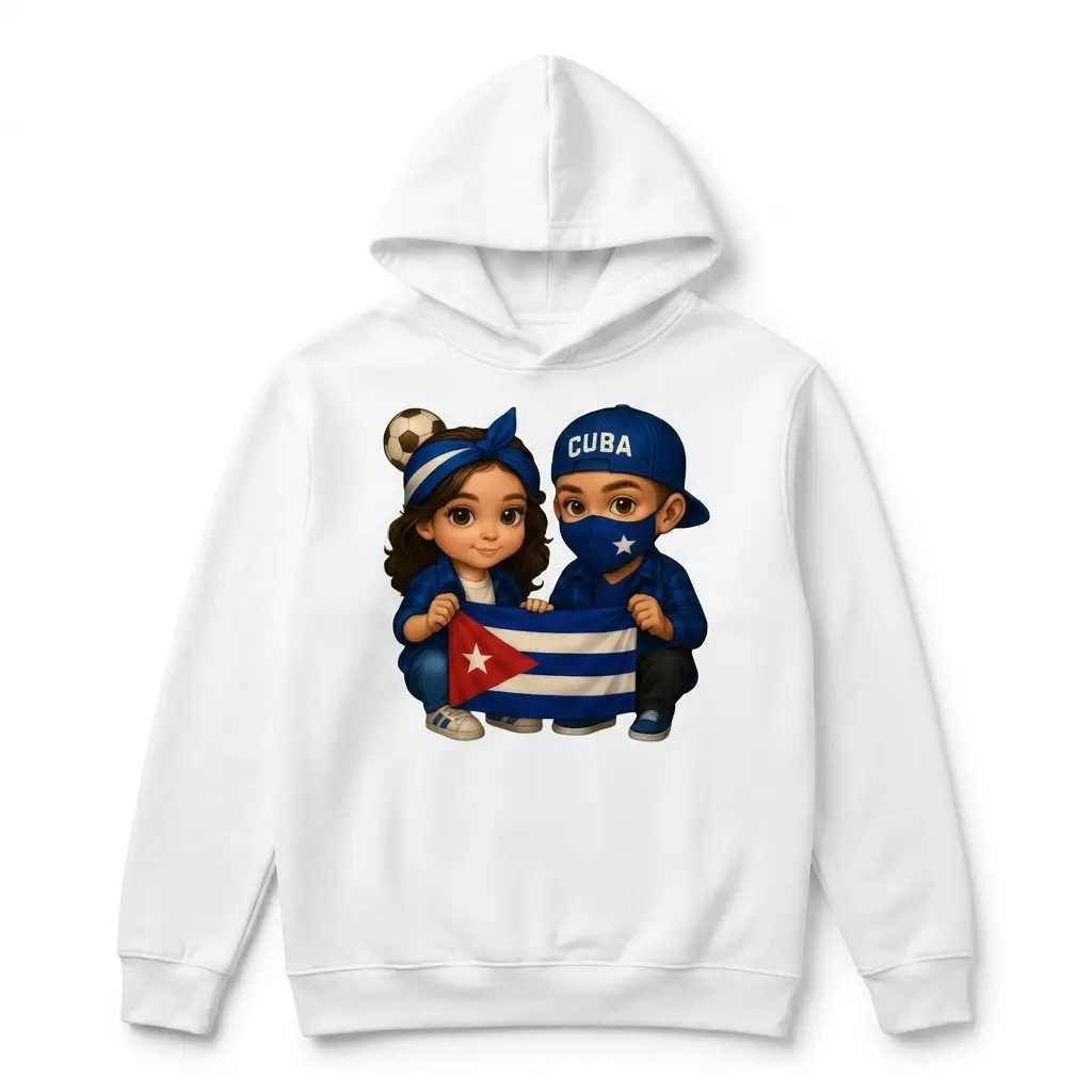 Cartoon Kids Cuban Pride Flag Shirt 2 White shirt showcasing cartoon children with a Cuban flag.