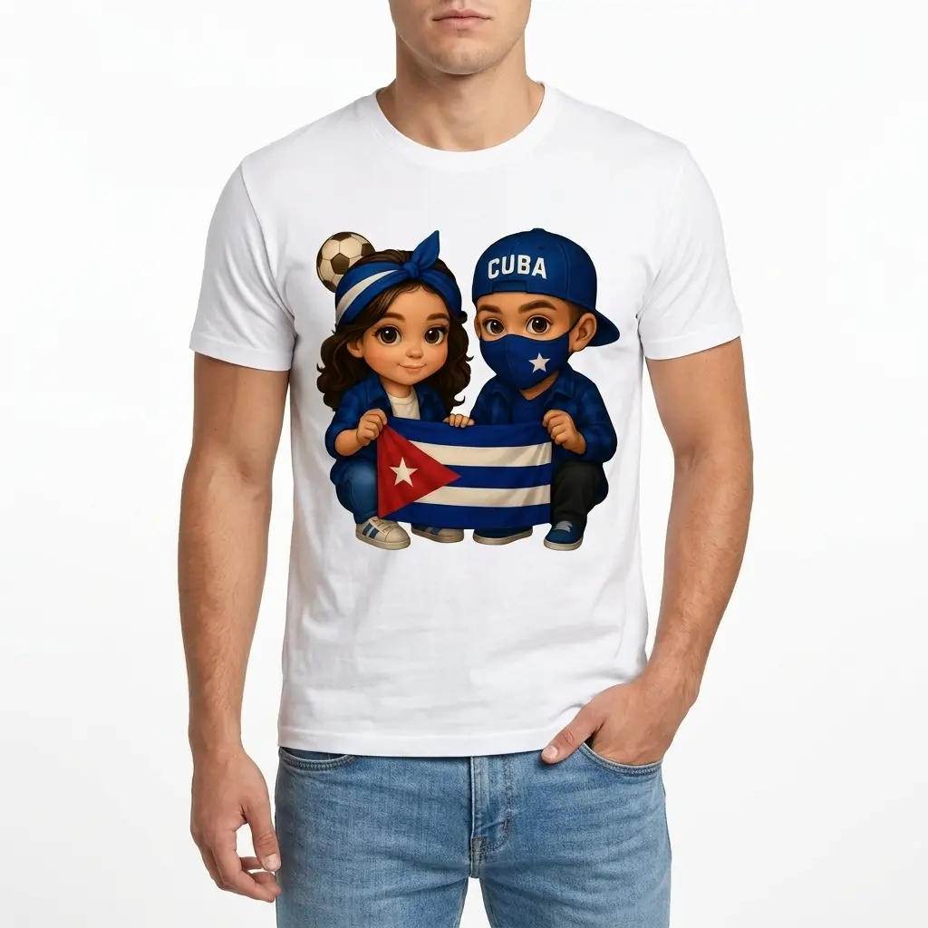 Cartoon Kids Cuban Pride Flag Shirt 3 Cartoon kids with Cuban flag on a white cultural shirt.