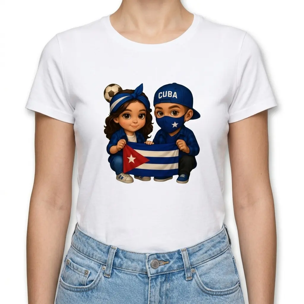 Cartoon Kids Cuban Pride Flag Shirt 4 Children in cartoon style with Cuban flag on a white shirt.
