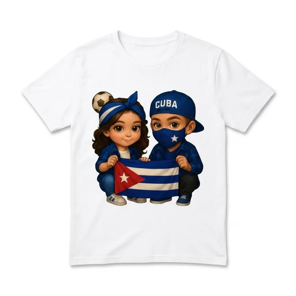 Cartoon Kids Cuban Pride Flag Shirt 1 White shirt featuring a cartoon of two kids holding a Cuban flag.