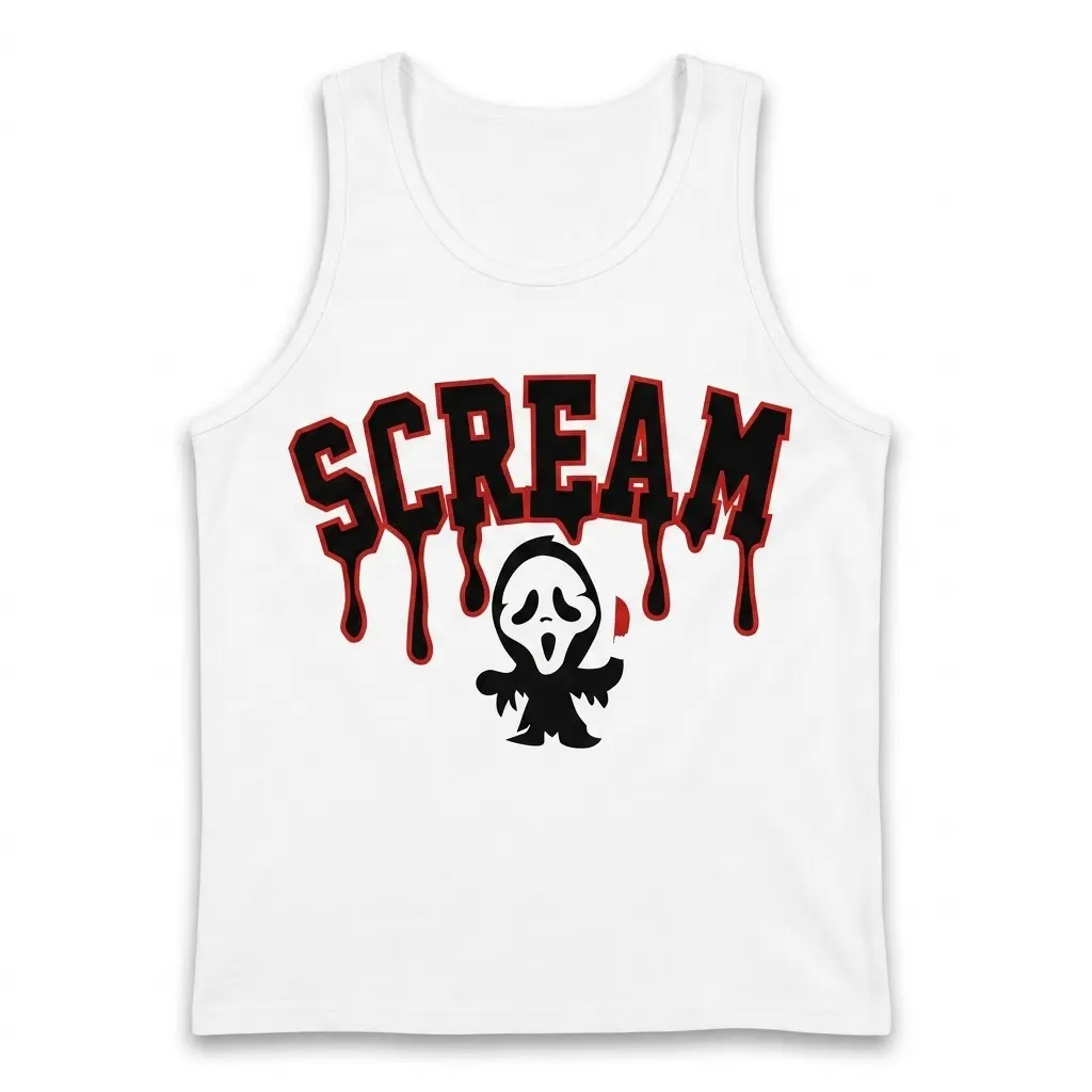 Chibi Scream Ghost Halloween Tee 3 Front flat lay of Scream Ghost tank top with chibi-style design.