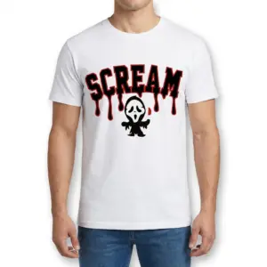 Chibi Scream Ghost Halloween Tee 9 Male model wearing Scream Ghost T-Shirt with chibi horror design.