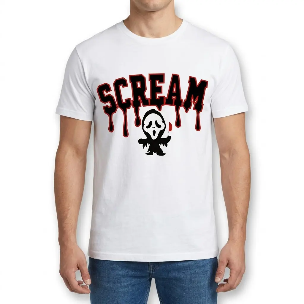 Chibi Scream Ghost Halloween Tee 4 Male model wearing Scream Ghost T-Shirt with chibi horror design.