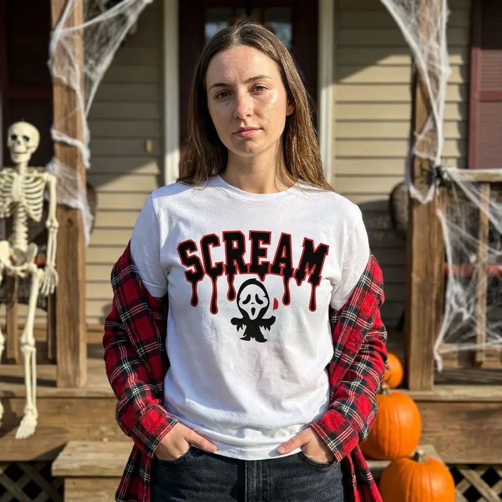 Chibi Scream Ghost Halloween Tee 5 Scream Ghost T-Shirt styled in a lifestyle setting.