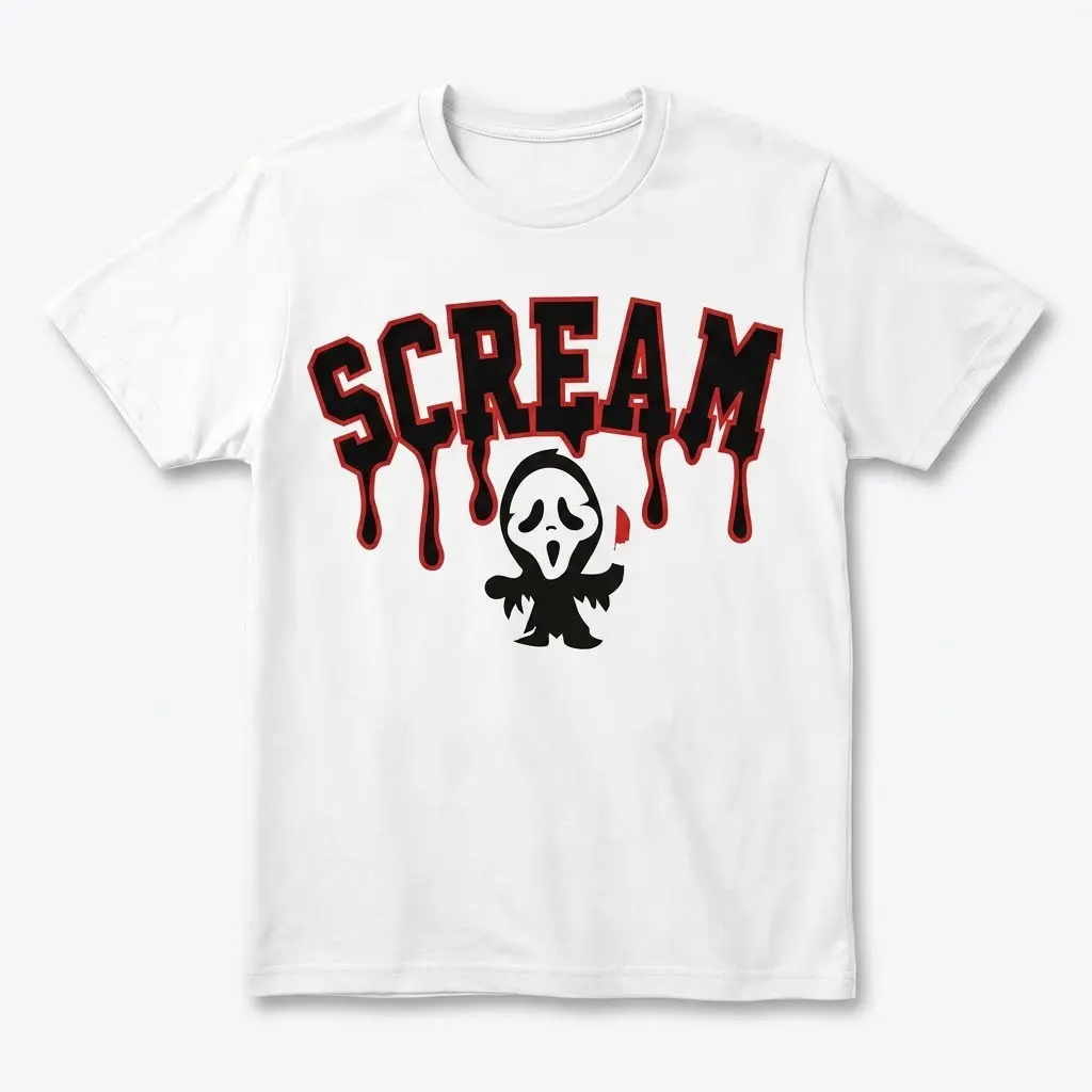Chibi Scream Ghost Halloween Tee 1 Front flat lay of Scream Ghost T-Shirt with chibi horror design.