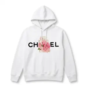 Chic Floral Perfume Bottle Graphic T-Shirt 7 Front view of a white t-shirt displaying a floral perfume bottle design and stylish lettering.