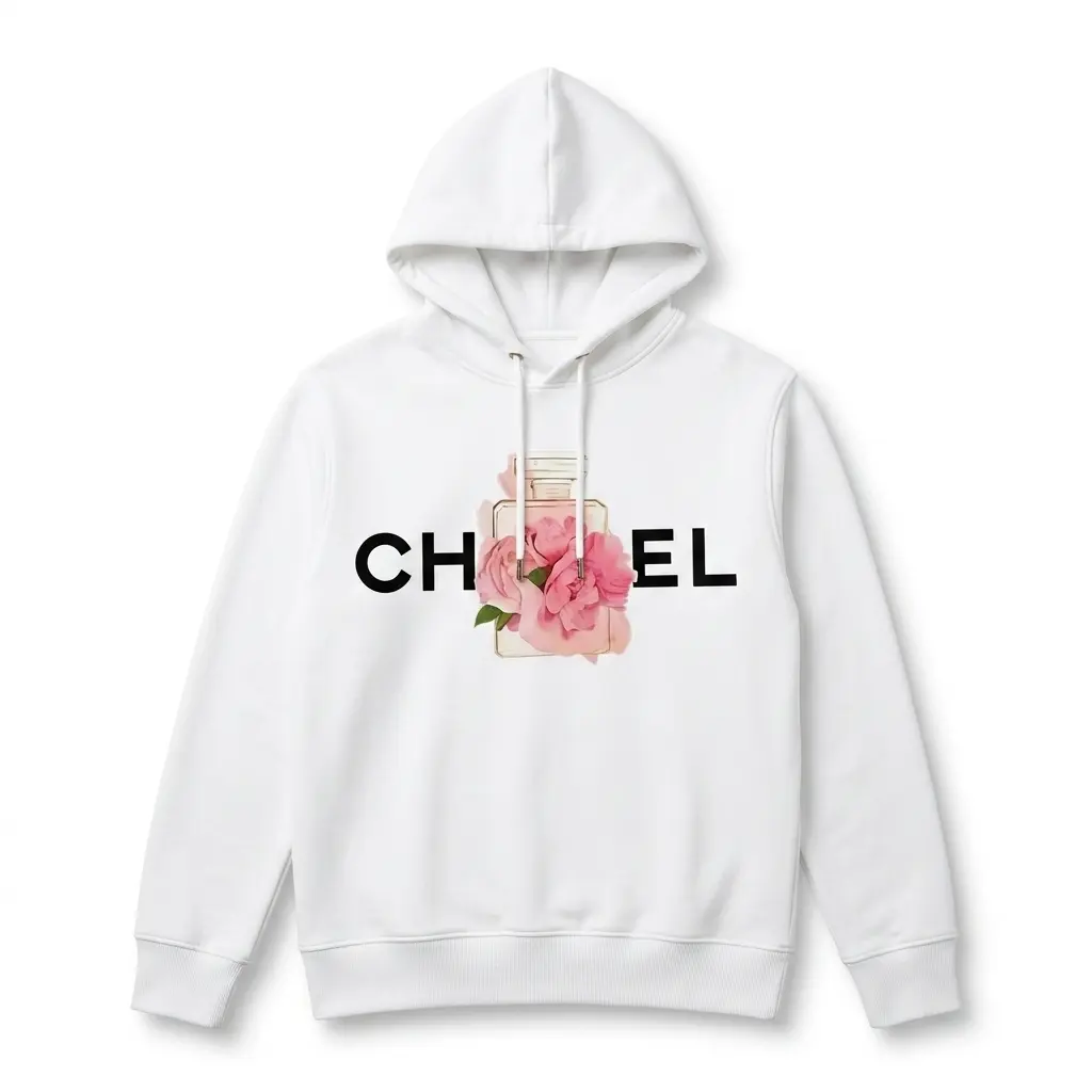 Chic Floral Perfume Bottle Graphic T-Shirt 2 Front view of a white t-shirt displaying a floral perfume bottle design and stylish lettering.