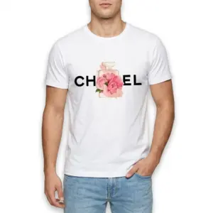 Chic Floral Perfume Bottle Graphic T-Shirt 8 Close-up of a floral perfume bottle graphic printed on a white t-shirt across the chest.