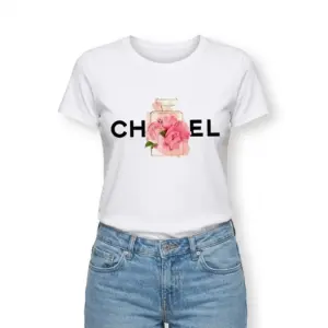 Chic Floral Perfume Bottle Graphic T-Shirt 9 Detailed view of a white t-shirt showcasing the floral perfume bottle image with vibrant colors.
