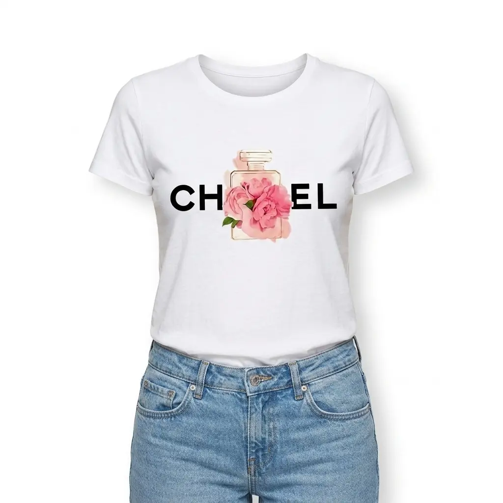 Chic Floral Perfume Bottle Graphic T-Shirt 4 Detailed view of a white t-shirt showcasing the floral perfume bottle image with vibrant colors.