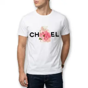 Chic Floral Perfume Bottle Graphic T-Shirt 10 Flat lay of a white t-shirt featuring a floral perfume bottle and brand text design.